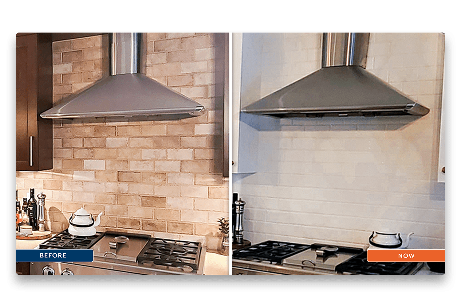 A before and after image of a stone backsplash that has been painted white.