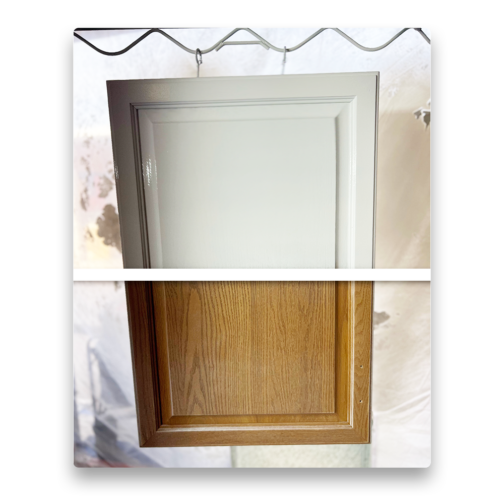 An image of an oak cabinet half painted.
