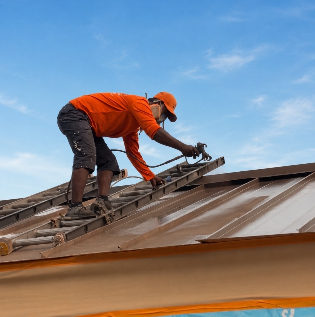 Spray-Net technician applying coating to a metal roof